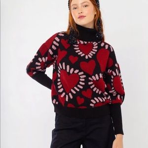 Anthropologie Farm Rio Full Of Love Heart Black Red Sweater Size Small